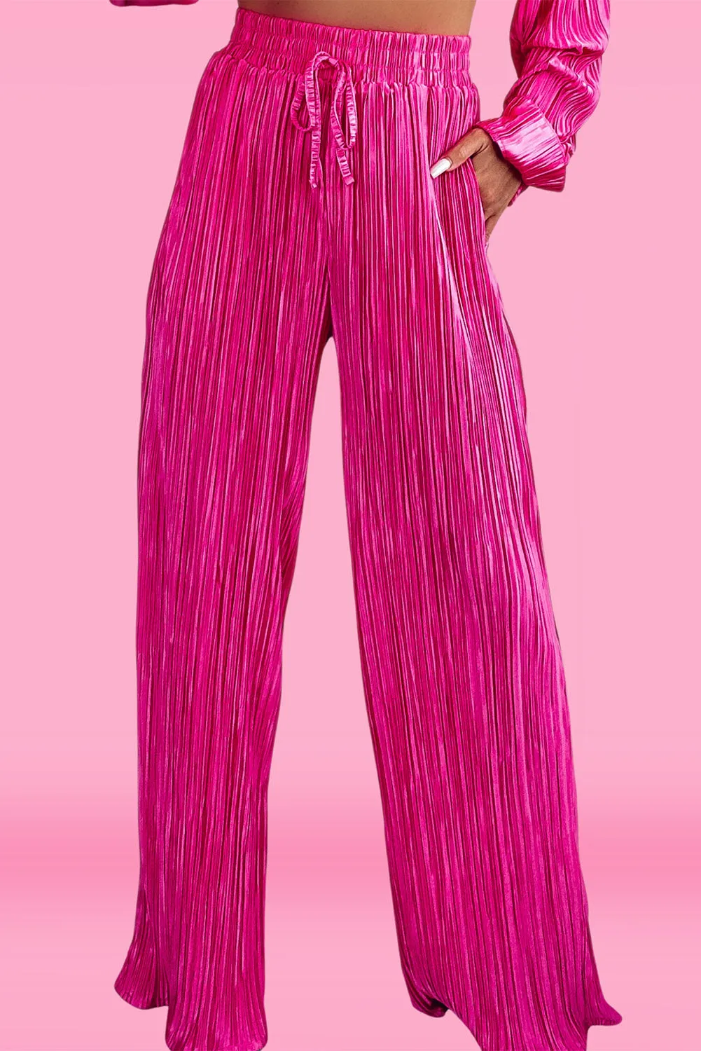 Rose Pleated  Long Sleeve Shirt and Wide-Leg Pants Set