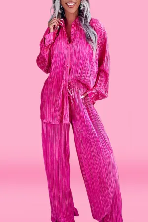 Rose Pleated  Long Sleeve Shirt and Wide-Leg Pants Set