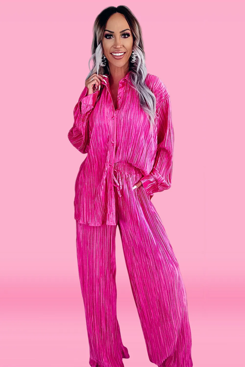 Rose Pleated  Long Sleeve Shirt and Wide-Leg Pants Set