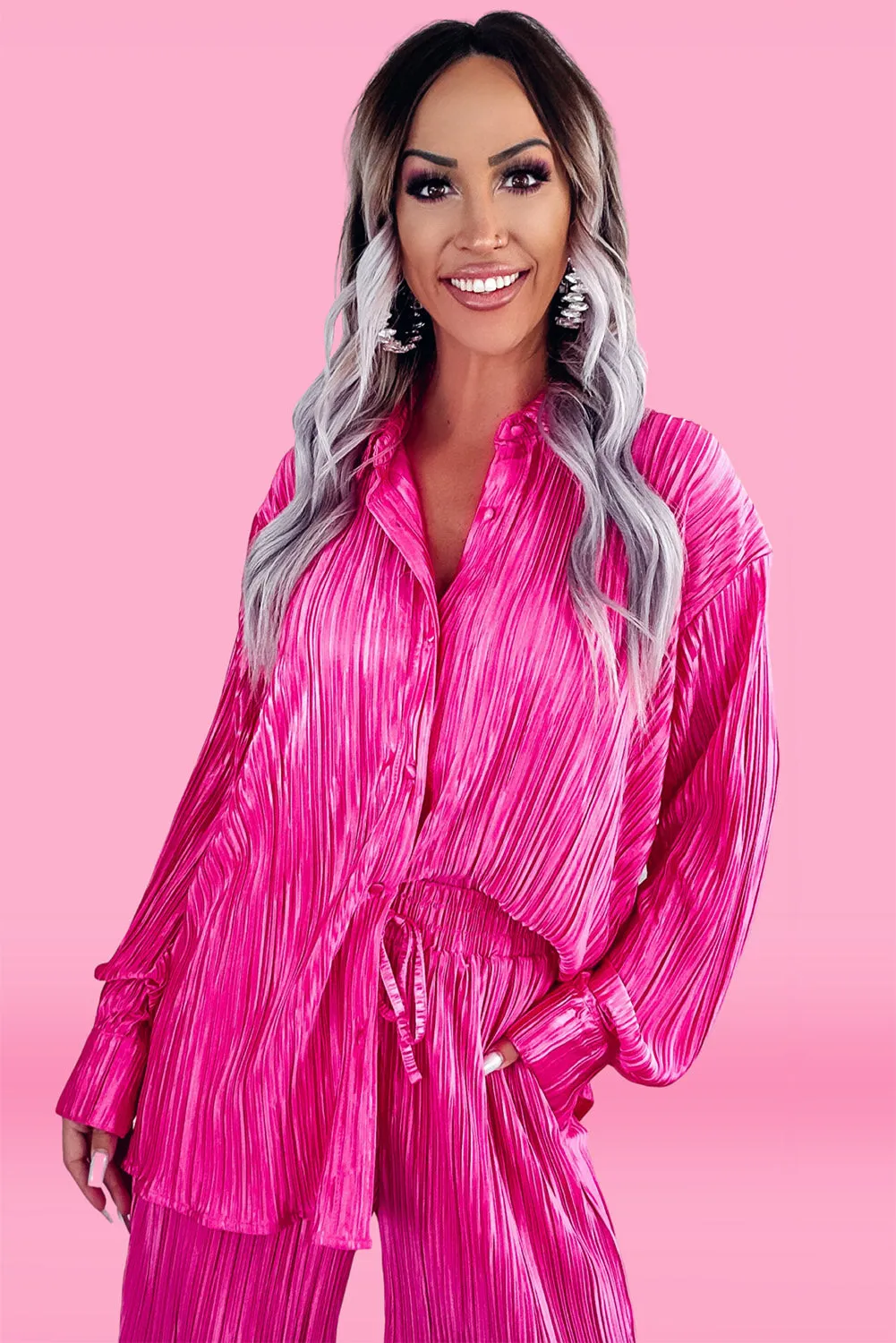 Rose Pleated  Long Sleeve Shirt and Wide-Leg Pants Set