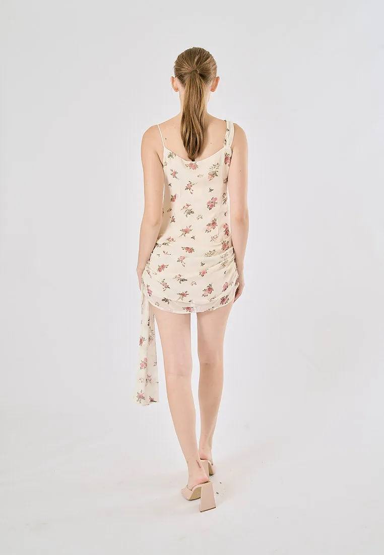 Roseeta Tea Rose Floral Print Asymmetric Streamer Mini Dress
