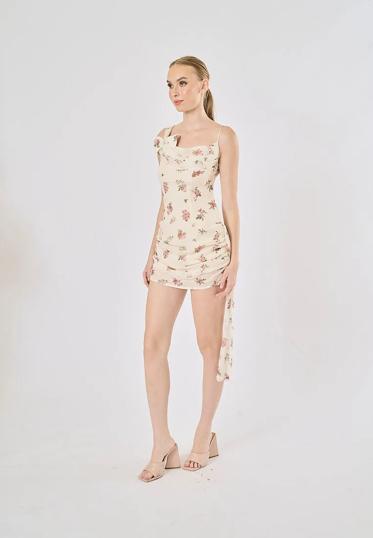 Roseeta Tea Rose Floral Print Asymmetric Streamer Mini Dress