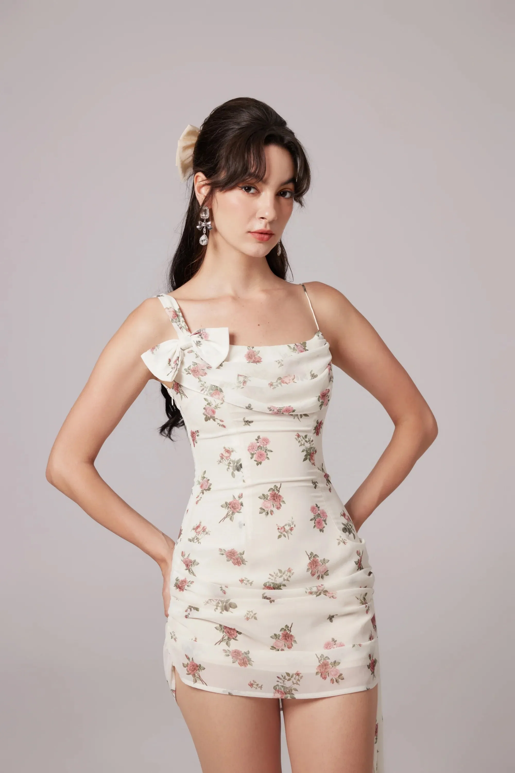 Roseeta Tea Rose Floral Print Asymmetric Streamer Mini Dress