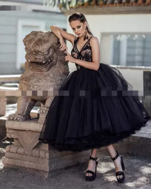 Roycebridal Short Tea Length Black Wedding Dresses V Neck