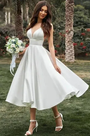 Roycebridal Simple A-line Spaghetti Straps Tea Length Wedding Dress, Bridal Gown, MW916