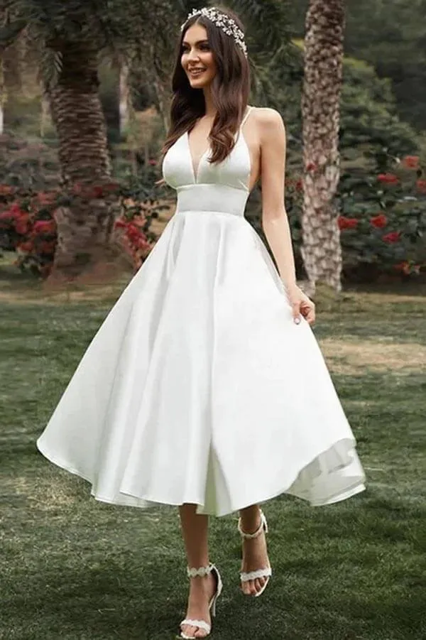 Roycebridal Simple A-line Spaghetti Straps Tea Length Wedding Dress, Bridal Gown, MW916