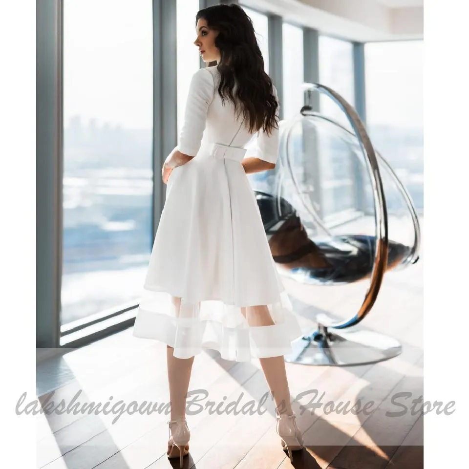Roycebridal Simple Satin Tea Length Wedding Dress Elegant Bridal