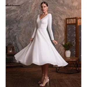 Roycebridal vestido de novia corto  Short Tea Length Simple Long Sleeve V Neck Wedding Dresses With Buttons Backless  robe mariage