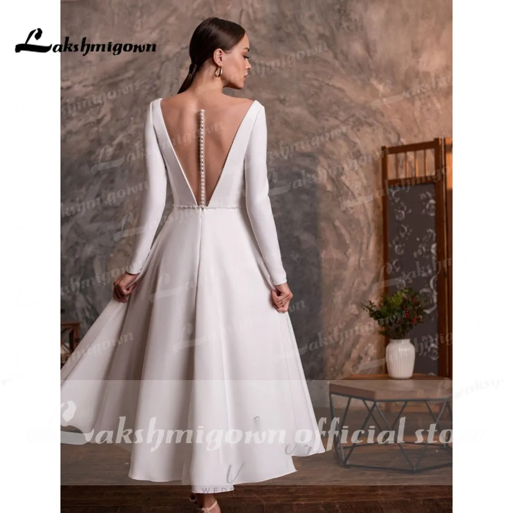 Roycebridal vestido de novia corto  Short Tea Length Simple Long Sleeve V Neck Wedding Dresses With Buttons Backless  robe mariage