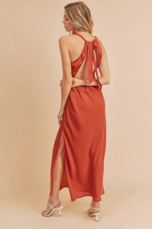 Ruched Side Slit Cutout Back Maxi Cami Dress, Rust