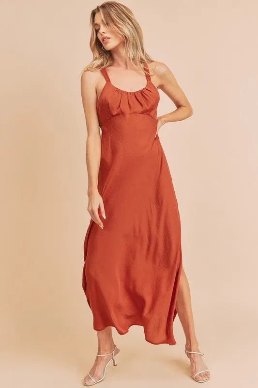 Ruched Side Slit Cutout Back Maxi Cami Dress, Rust
