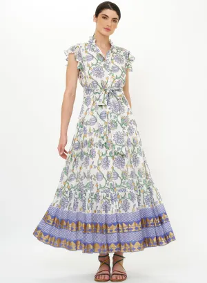 Ruffle Collar Button Maxi in Presidio Blue