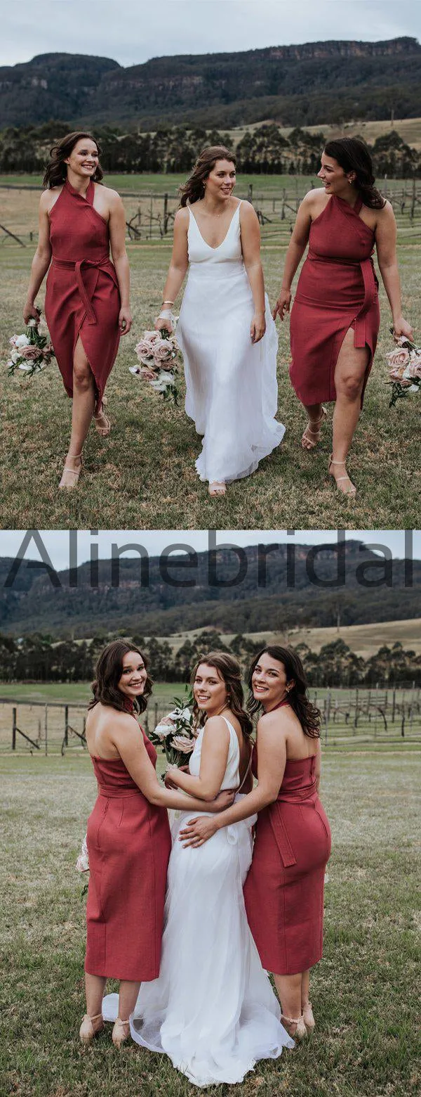 Rust Red Satin Unique Halter Tea Length Bridesmaid Dresses , AB4104
