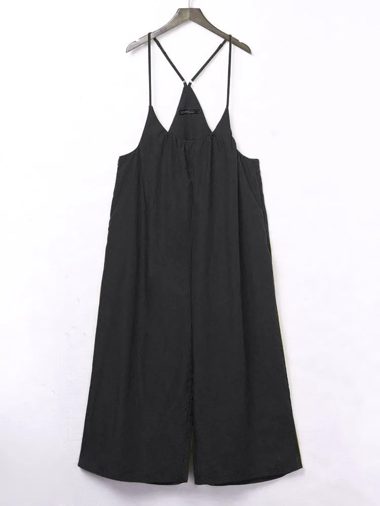 S-5XL Women Casual Sleeveless Strap Baggy Wide Leg Pant Jumpsuit Rompers