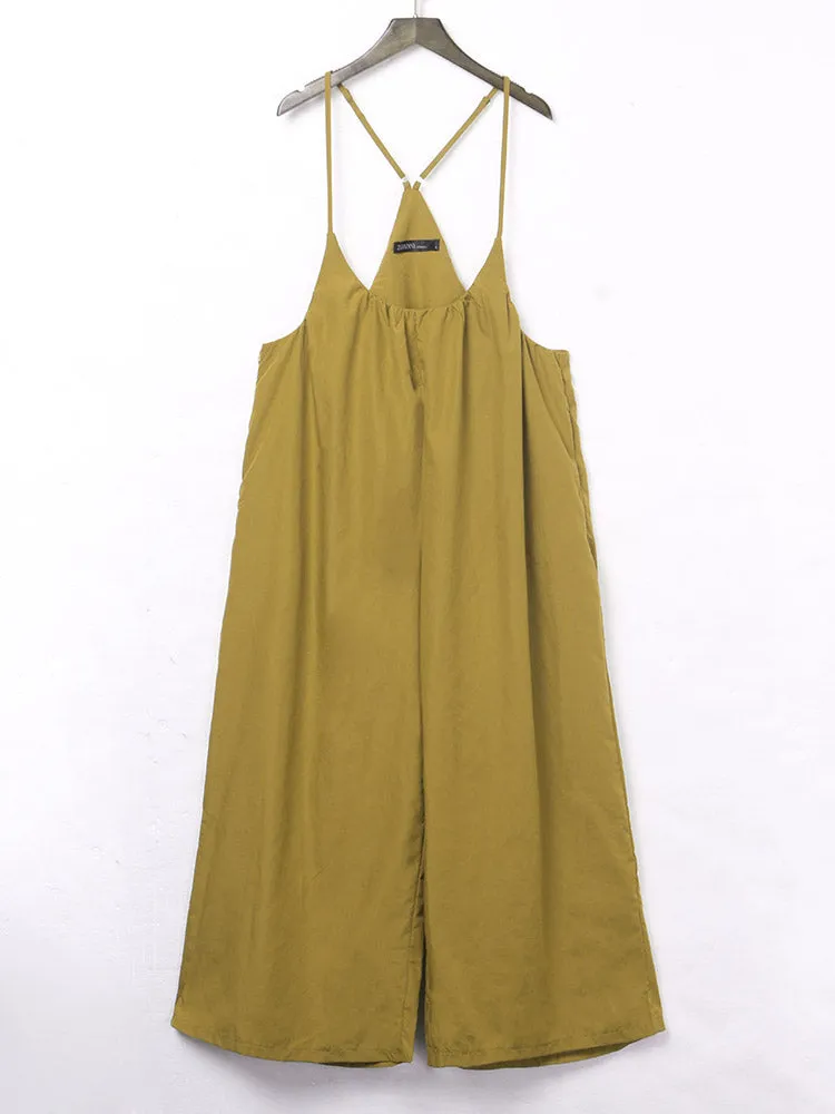 S-5XL Women Casual Sleeveless Strap Baggy Wide Leg Pant Jumpsuit Rompers