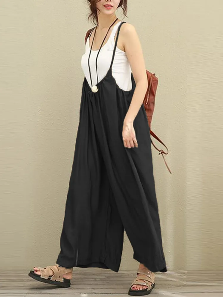 S-5XL Women Casual Sleeveless Strap Baggy Wide Leg Pant Jumpsuit Rompers