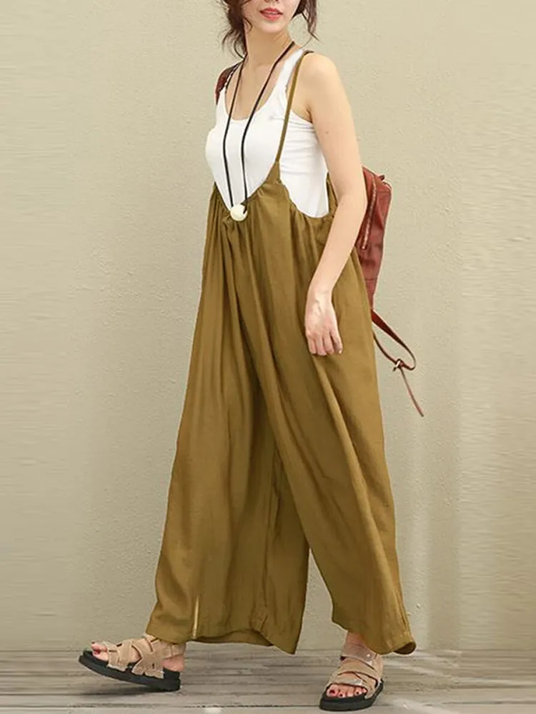 S-5XL Women Casual Sleeveless Strap Baggy Wide Leg Pant Jumpsuit Rompers
