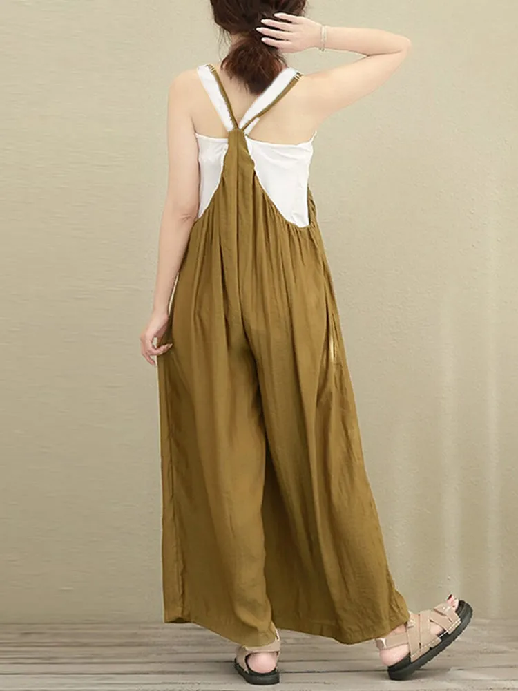 S-5XL Women Casual Sleeveless Strap Baggy Wide Leg Pant Jumpsuit Rompers