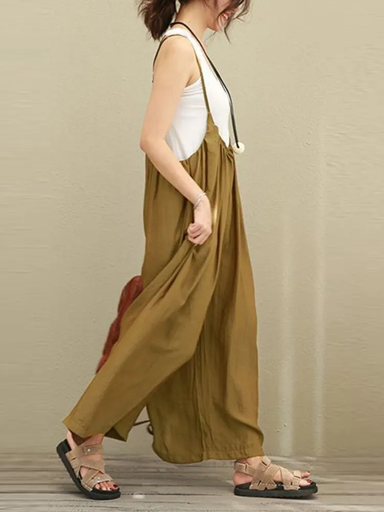 S-5XL Women Casual Sleeveless Strap Baggy Wide Leg Pant Jumpsuit Rompers