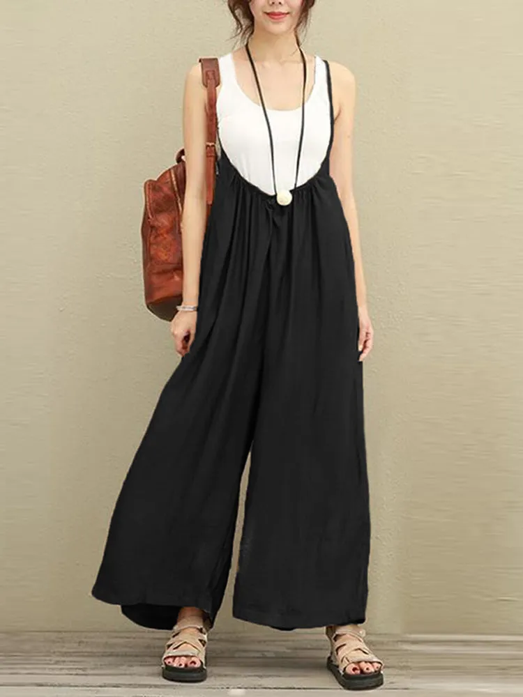 S-5XL Women Casual Sleeveless Strap Baggy Wide Leg Pant Jumpsuit Rompers