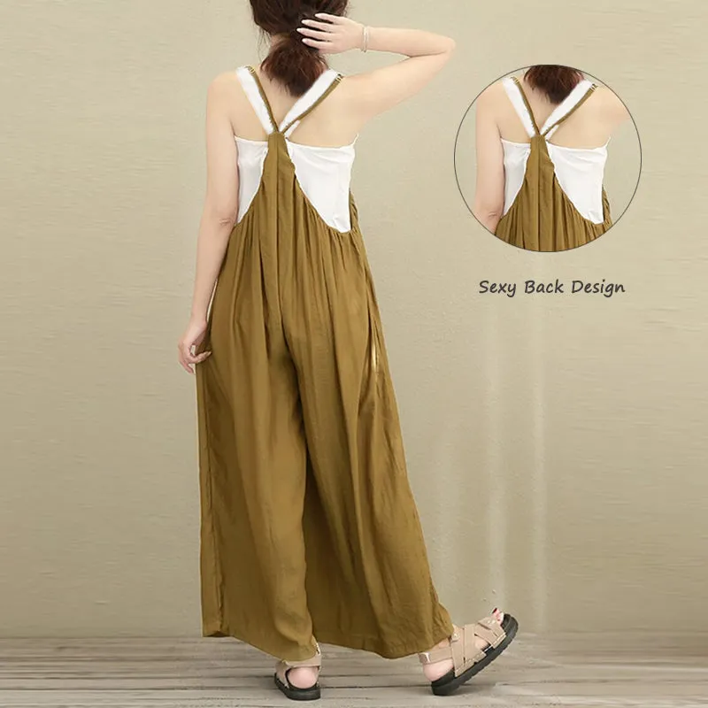 S-5XL Women Casual Sleeveless Strap Baggy Wide Leg Pant Jumpsuit Rompers