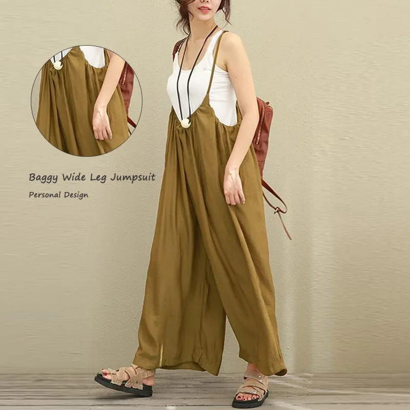 S-5XL Women Casual Sleeveless Strap Baggy Wide Leg Pant Jumpsuit Rompers