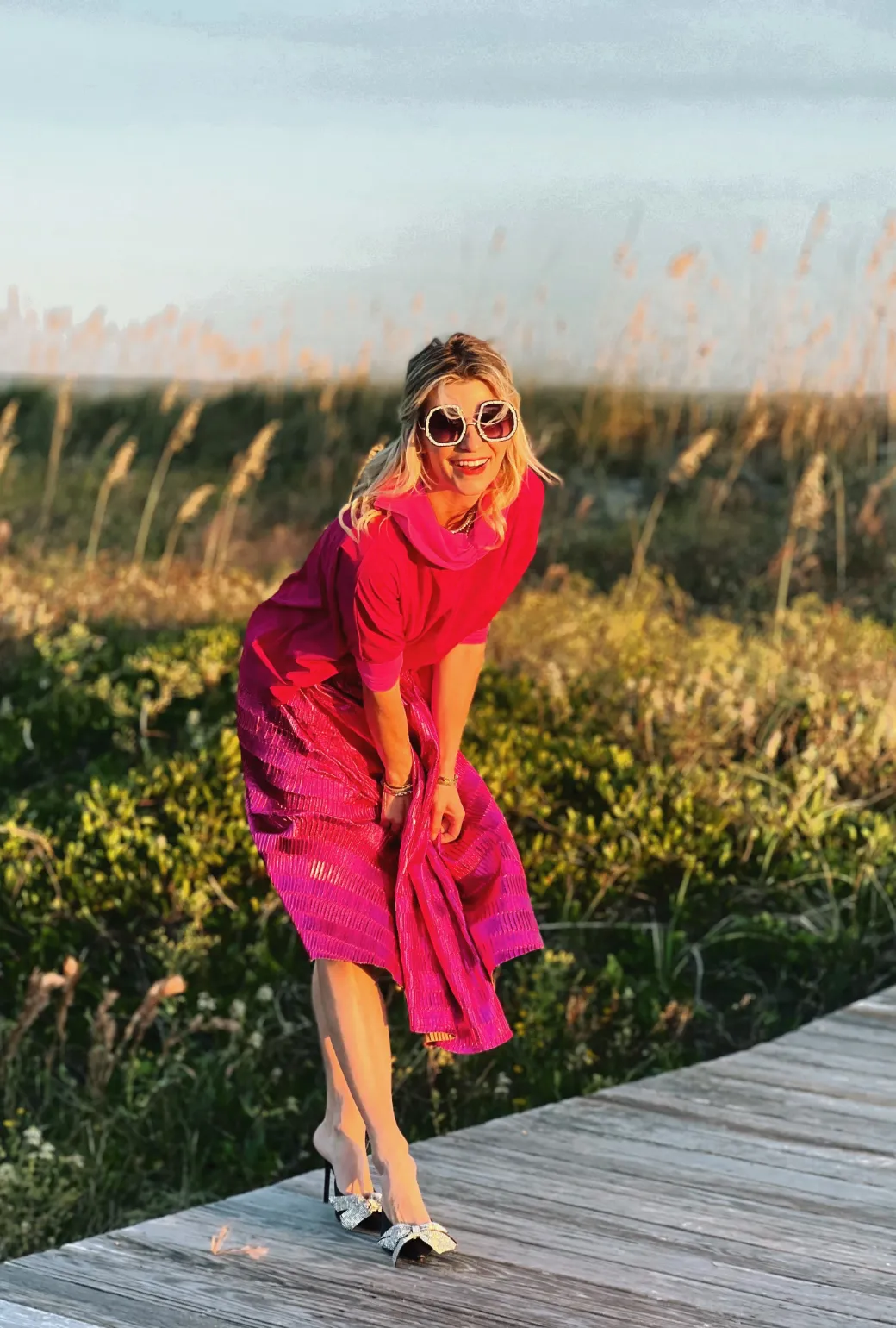SAMPLE Metallic Pleated Skirt - Hot Pink