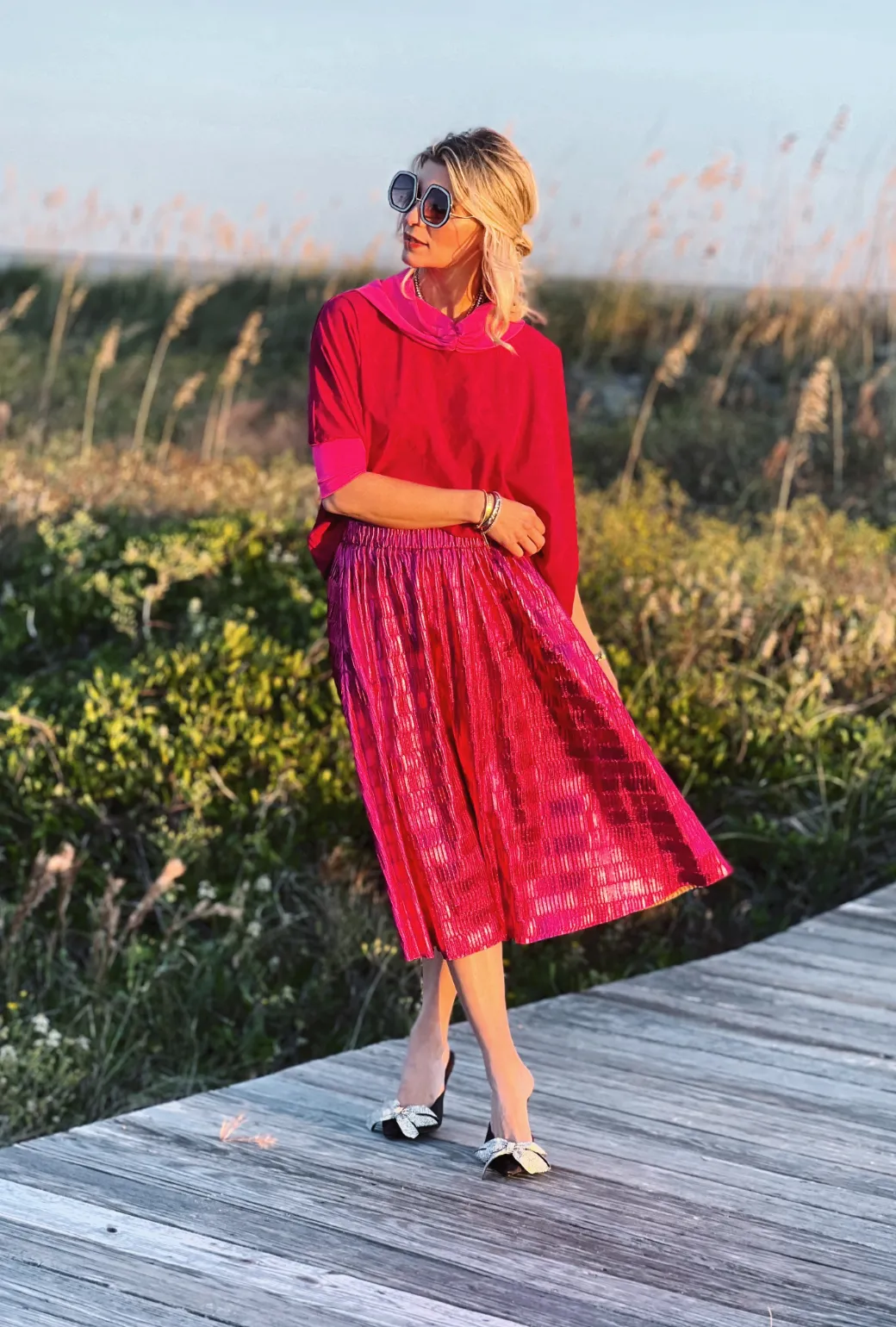 SAMPLE Metallic Pleated Skirt - Hot Pink