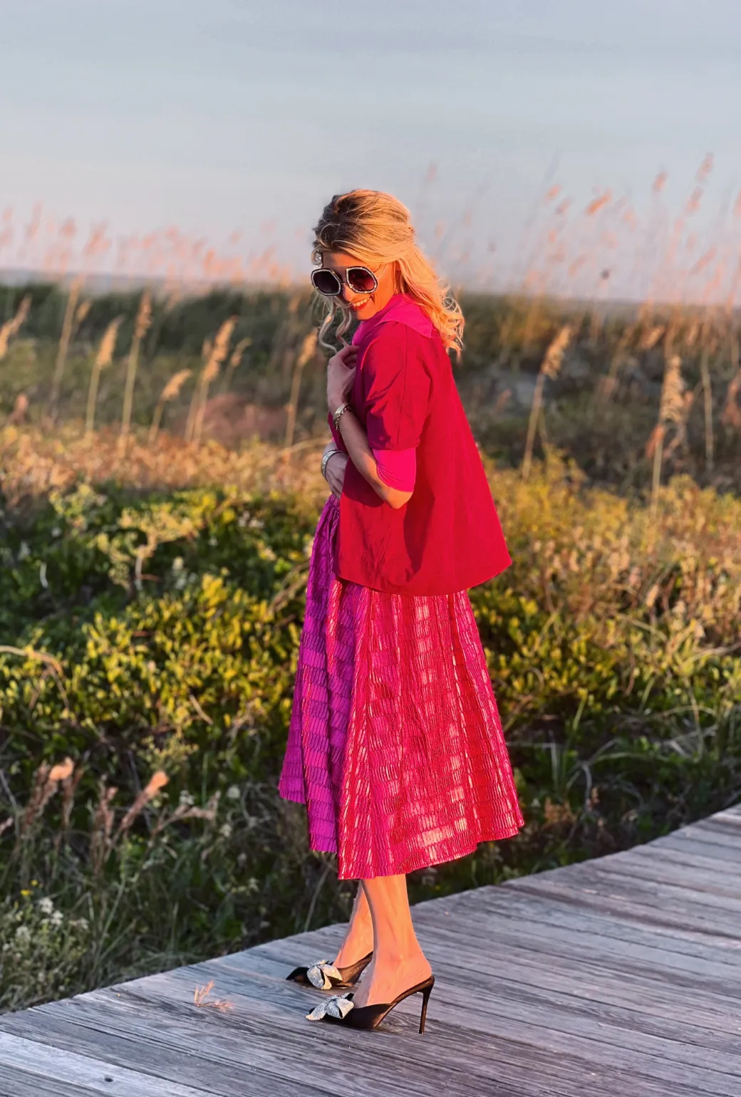 SAMPLE Metallic Pleated Skirt - Hot Pink
