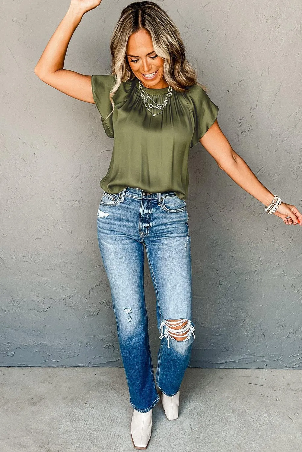 Satin Pleated Flutter Sleeve Blouse