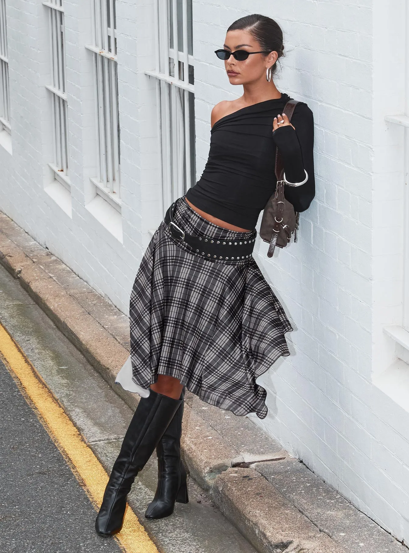 Scholar Asymmetrical Midi Skirt Grey Check