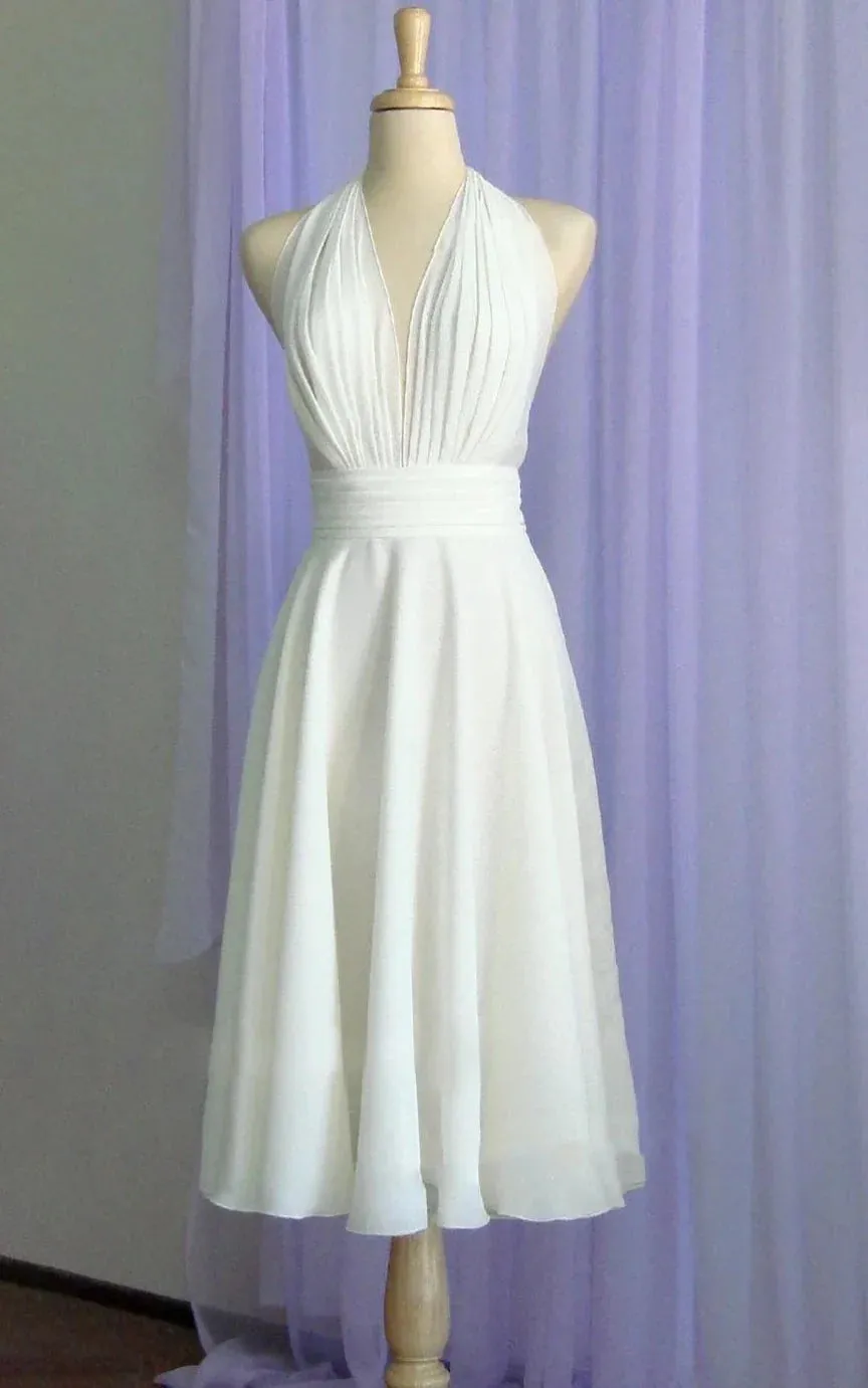 Sebella | Vintage Tea-Length Chiffon Wedding Dress With Halter Neck and Bow