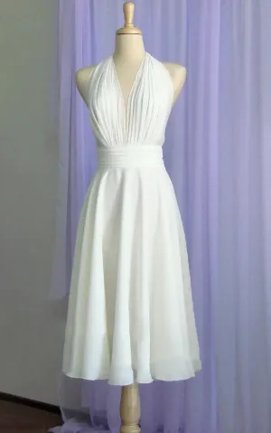 Sebella | Vintage Tea-Length Chiffon Wedding Dress With Halter Neck and Bow