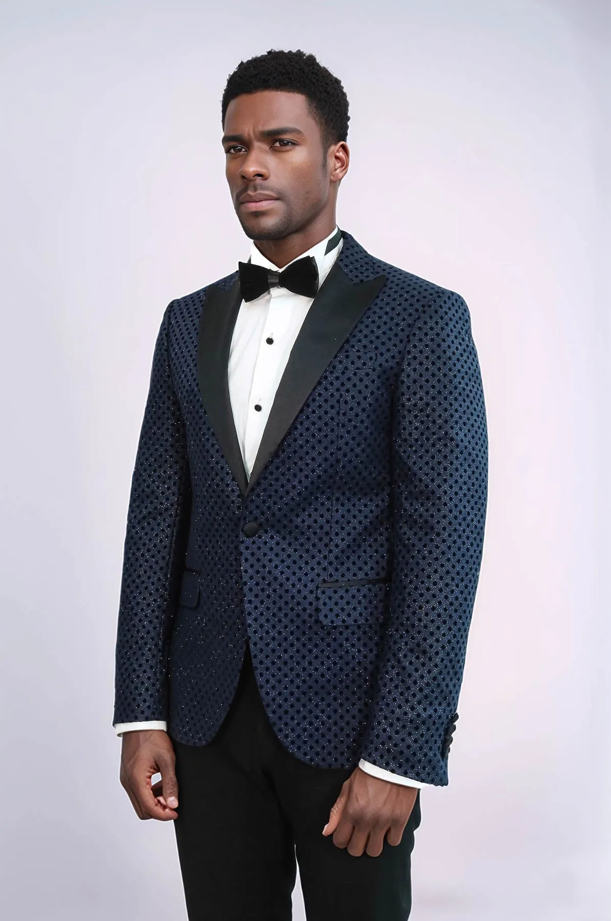 Sequin Dot Patterned Navy Blue Men Prom Blazer - Wessi