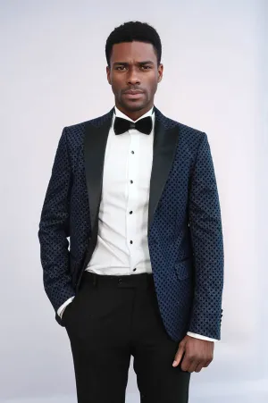 Sequin Dot Patterned Navy Blue Men Prom Blazer - Wessi