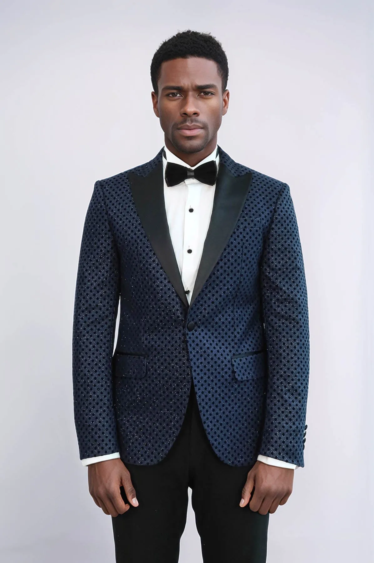 Sequin Dot Patterned Navy Blue Men Prom Blazer - Wessi