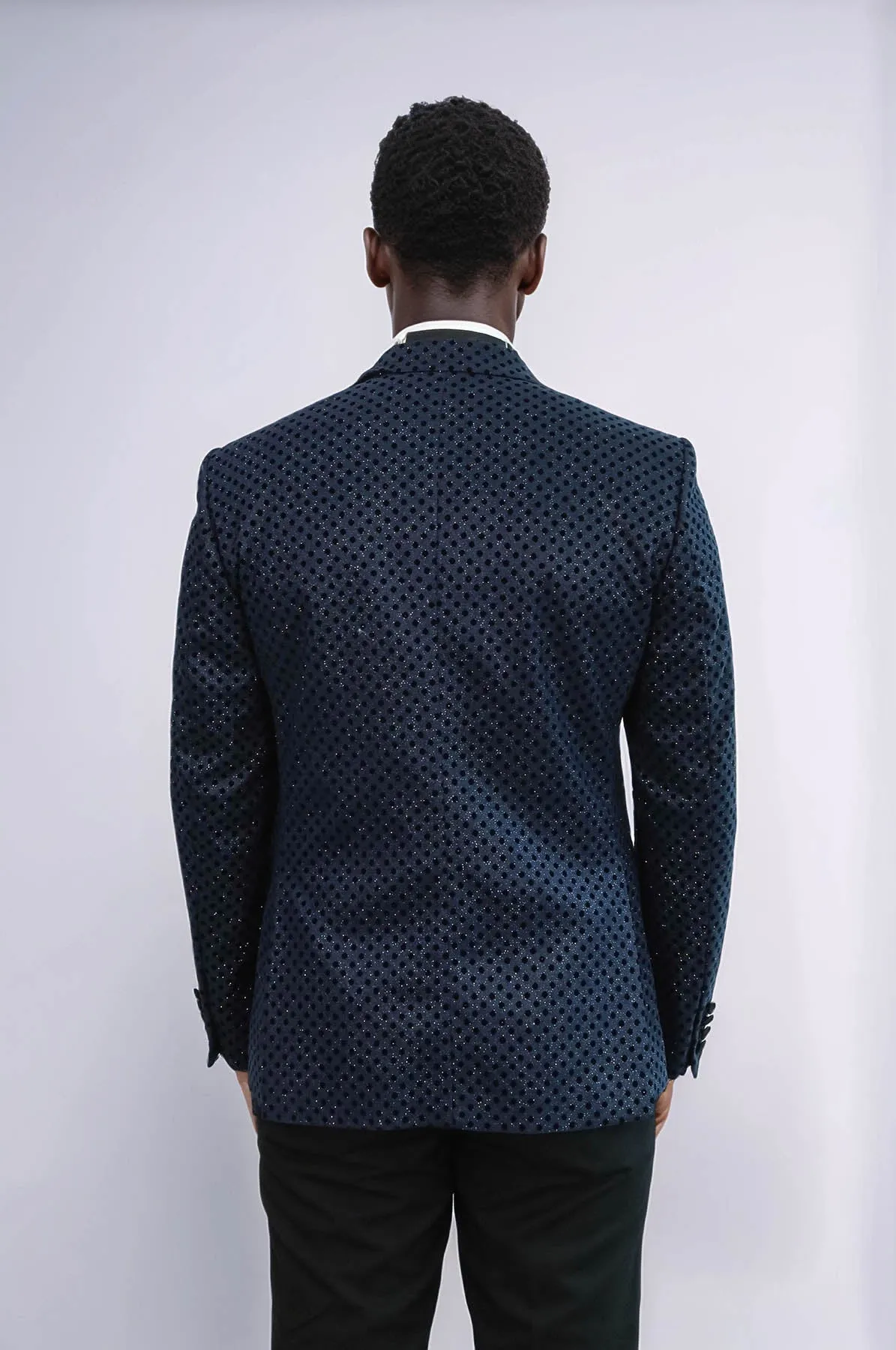 Sequin Dot Patterned Navy Blue Men Prom Blazer - Wessi