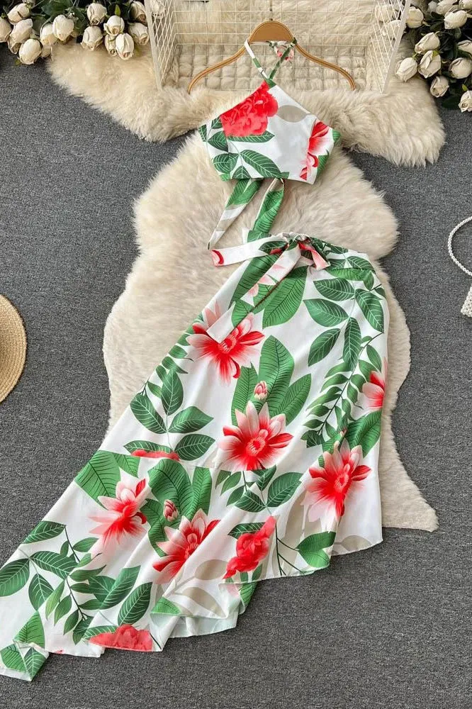 Set Beach Floral Print Crop Tops   High Waist Asymmetrical Long Skirts Two Piece Suits