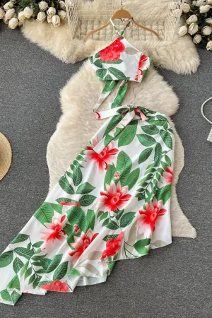 Set Beach Floral Print Crop Tops   High Waist Asymmetrical Long Skirts Two Piece Suits