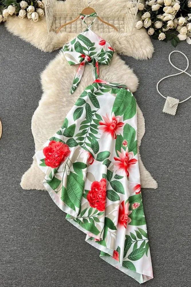 Set Beach Floral Print Crop Tops   High Waist Asymmetrical Long Skirts Two Piece Suits