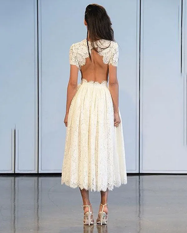 Sexy 2019 Short Beach Wedding Dresses Lace Short Sleeve Open Back A-line Bridal Gowns Tea Length