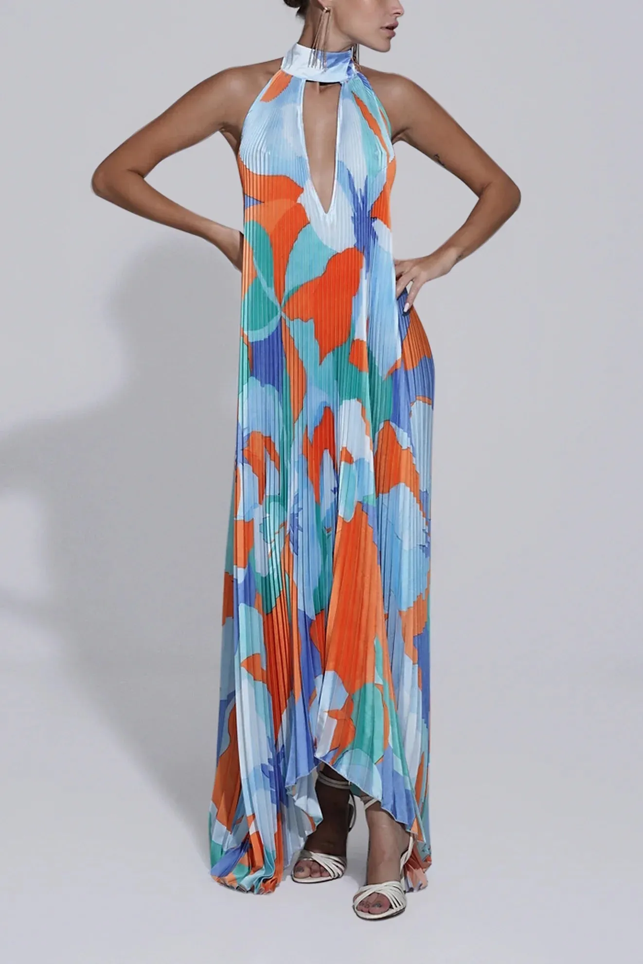 Shalia - Sultry Halter Pleated Maxi Dress