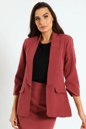 Shawl Collar Gauged Sleeve Blazer - Dusty Pink