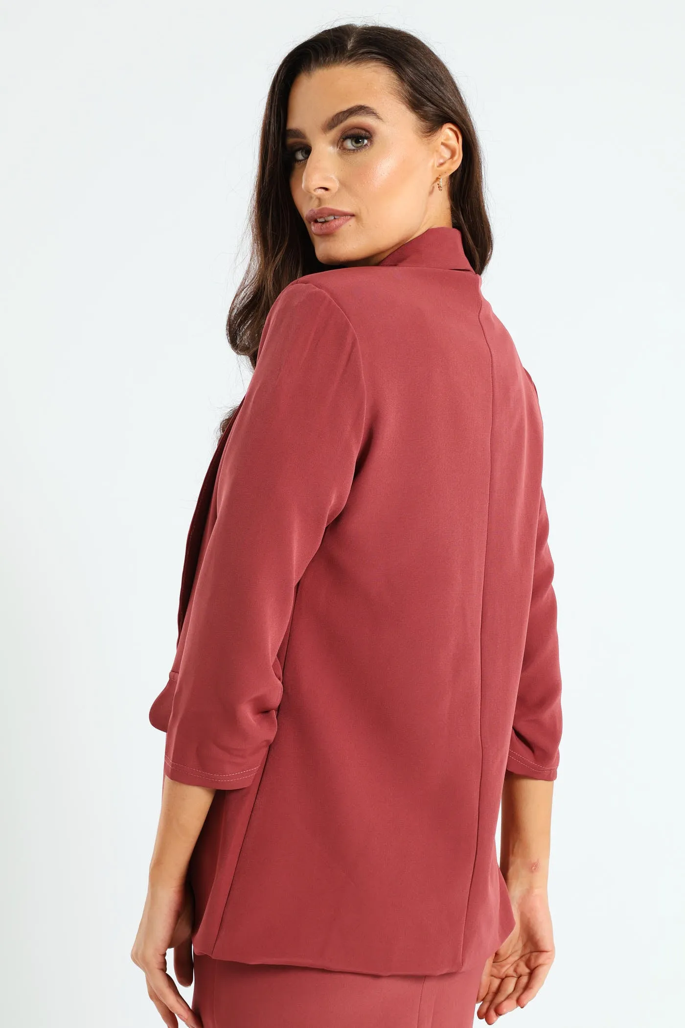 Shawl Collar Gauged Sleeve Blazer - Dusty Pink