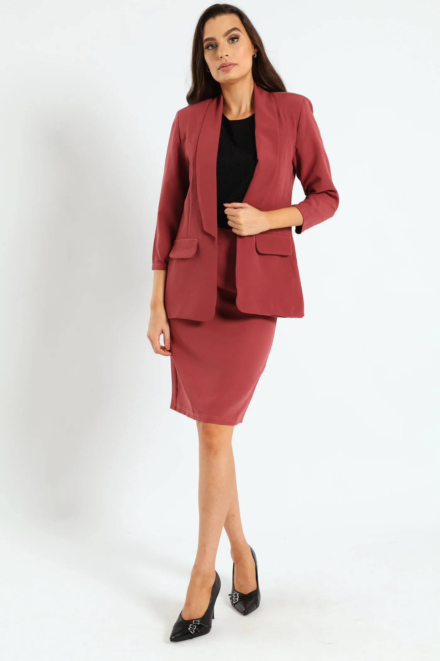 Shawl Collar Gauged Sleeve Blazer - Dusty Pink