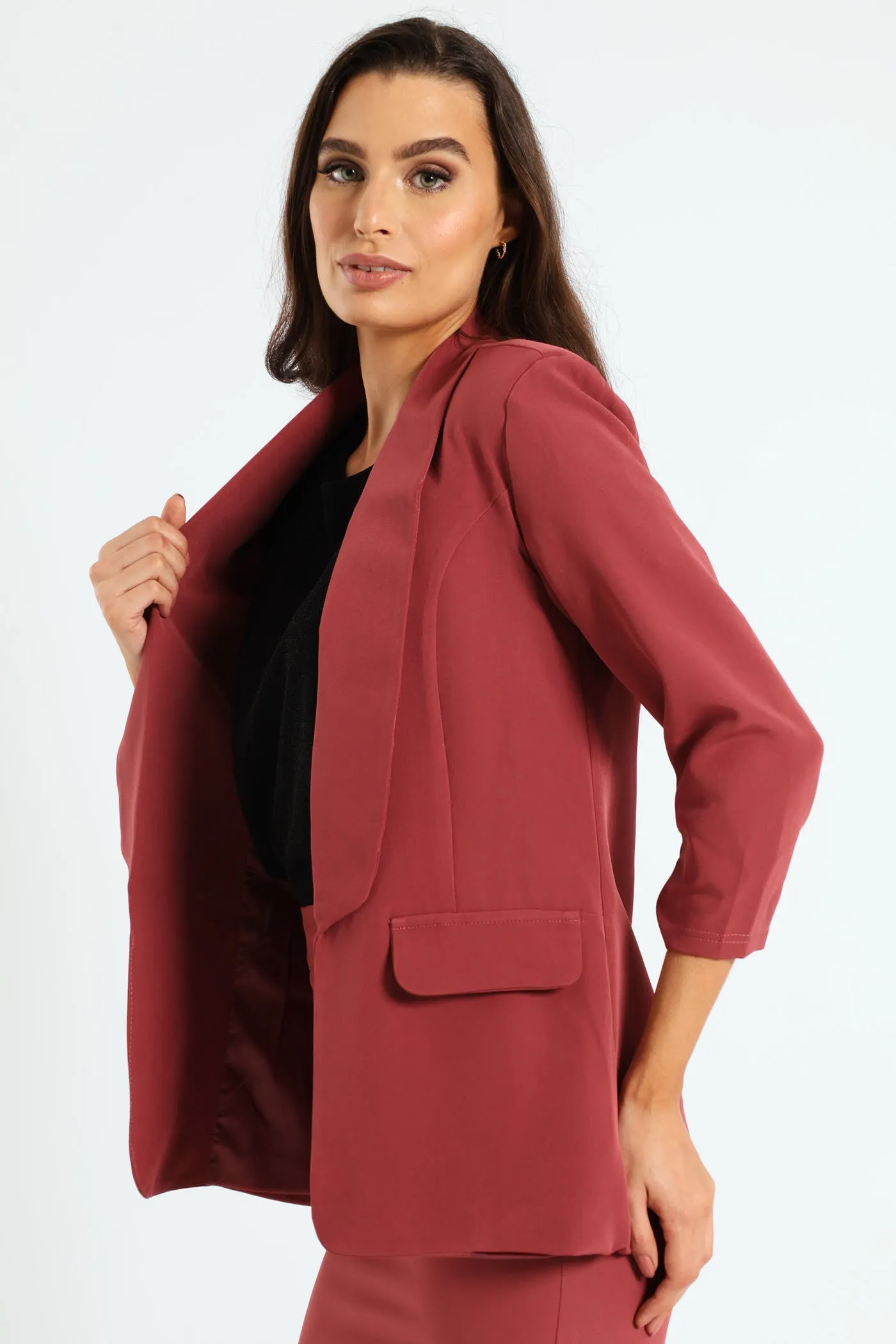 Shawl Collar Gauged Sleeve Blazer - Dusty Pink