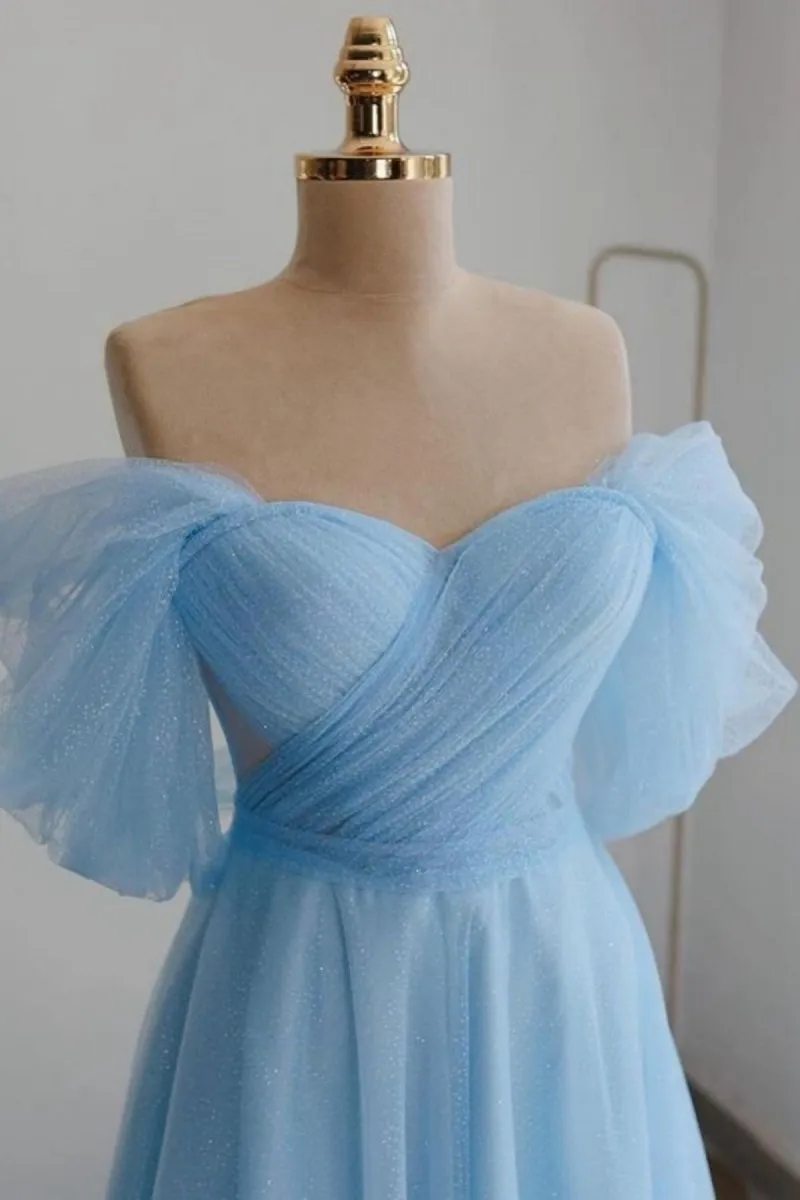 Shiny Tulle Off the Shoulder Tea Length Prom Dresses