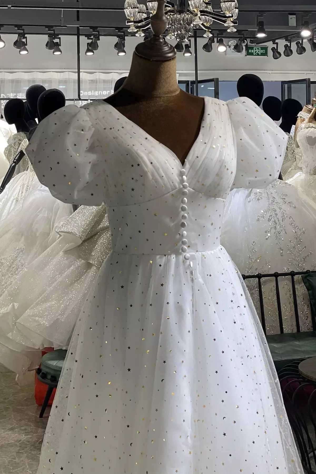 Short Puffy Sleeves White Stars Tea Length Dress