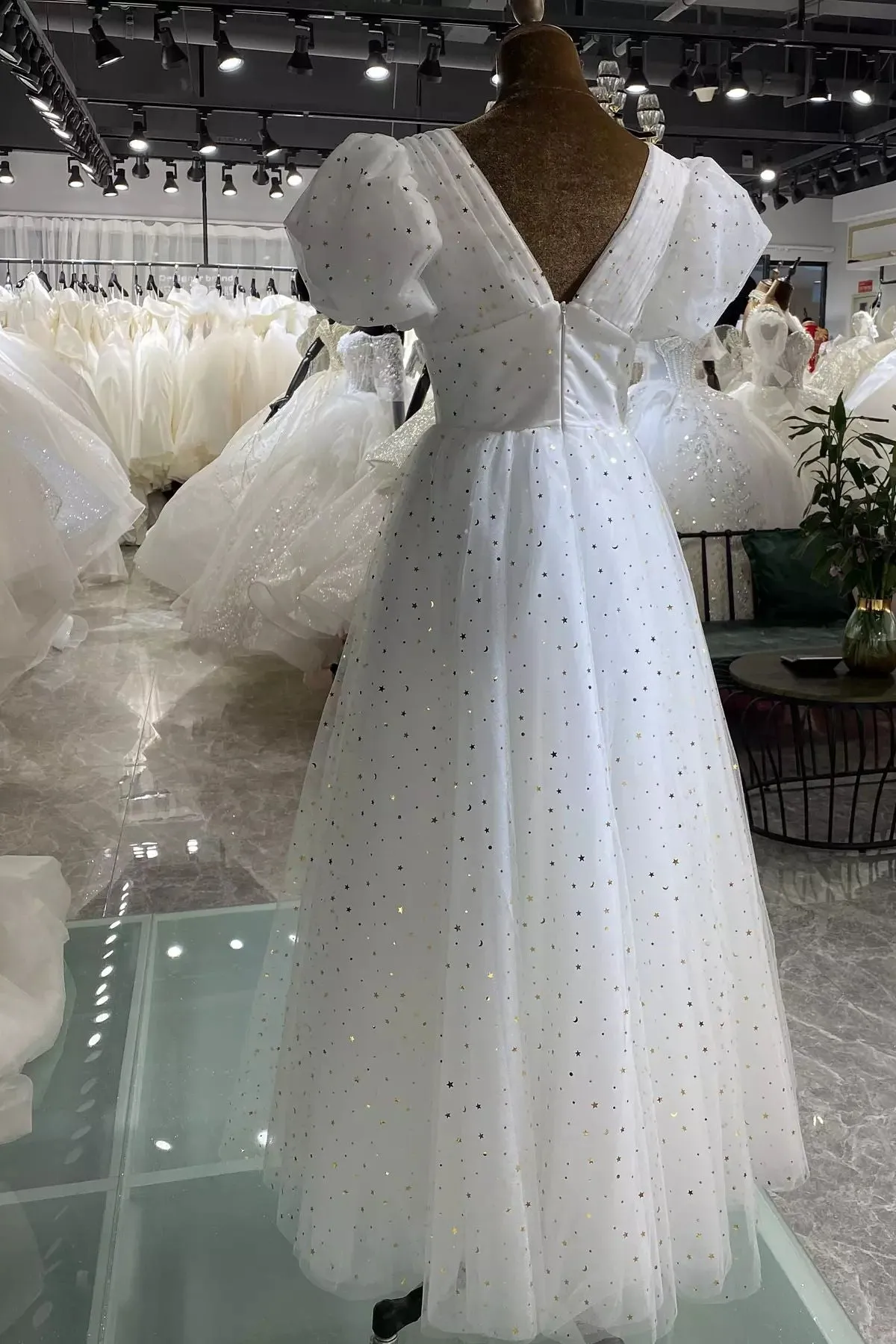 Short Puffy Sleeves White Stars Tea Length Dress