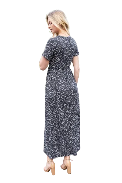 Short Sleeve Ditsy Floral Elastic Waist Maxi Dress Black Ivory - Pack of 6